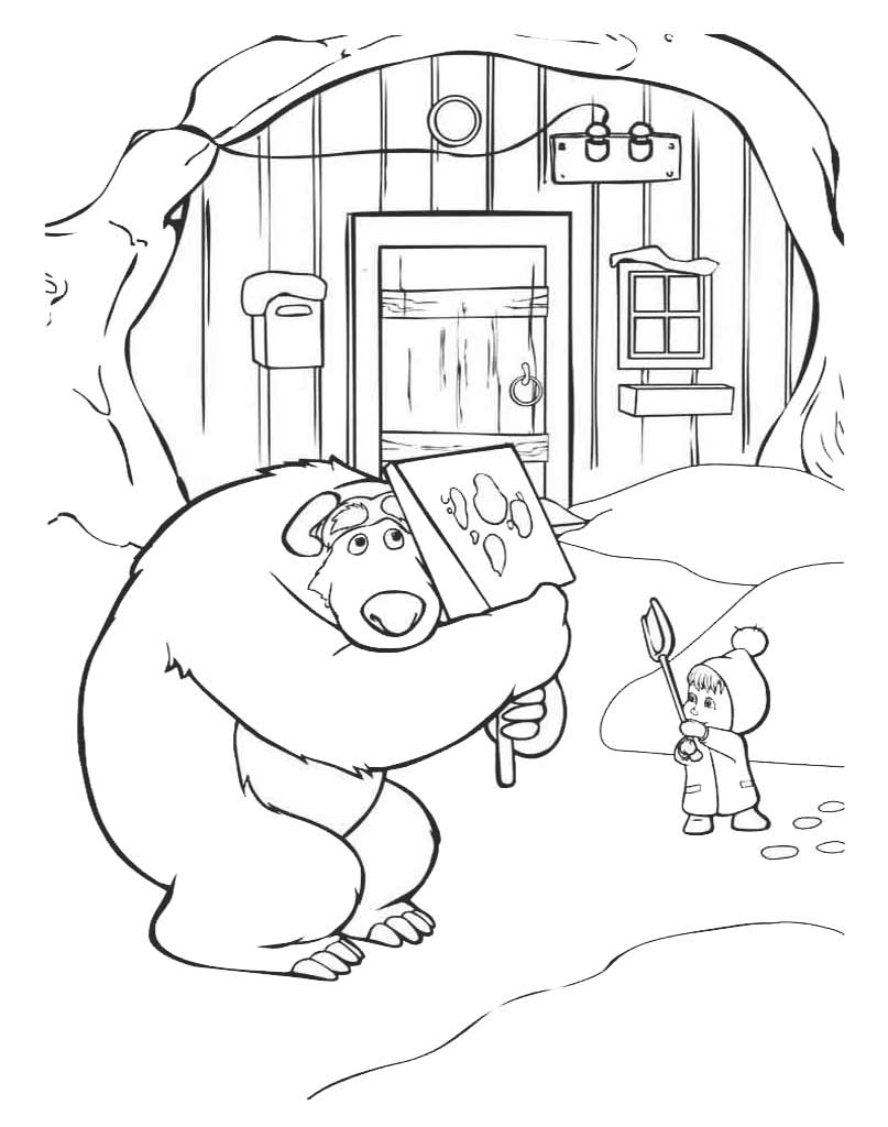 раскраска Маша и медведь убирают снег со двора для печати