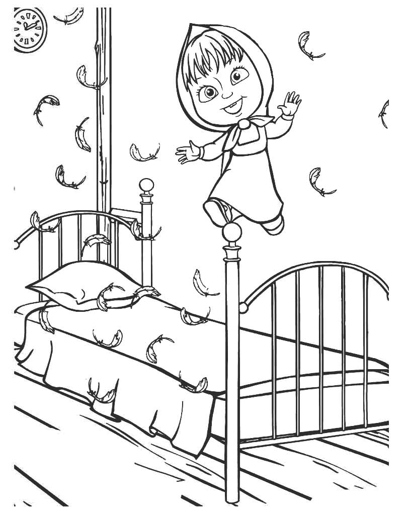 Маша прыгает на кровати раскраска для детей