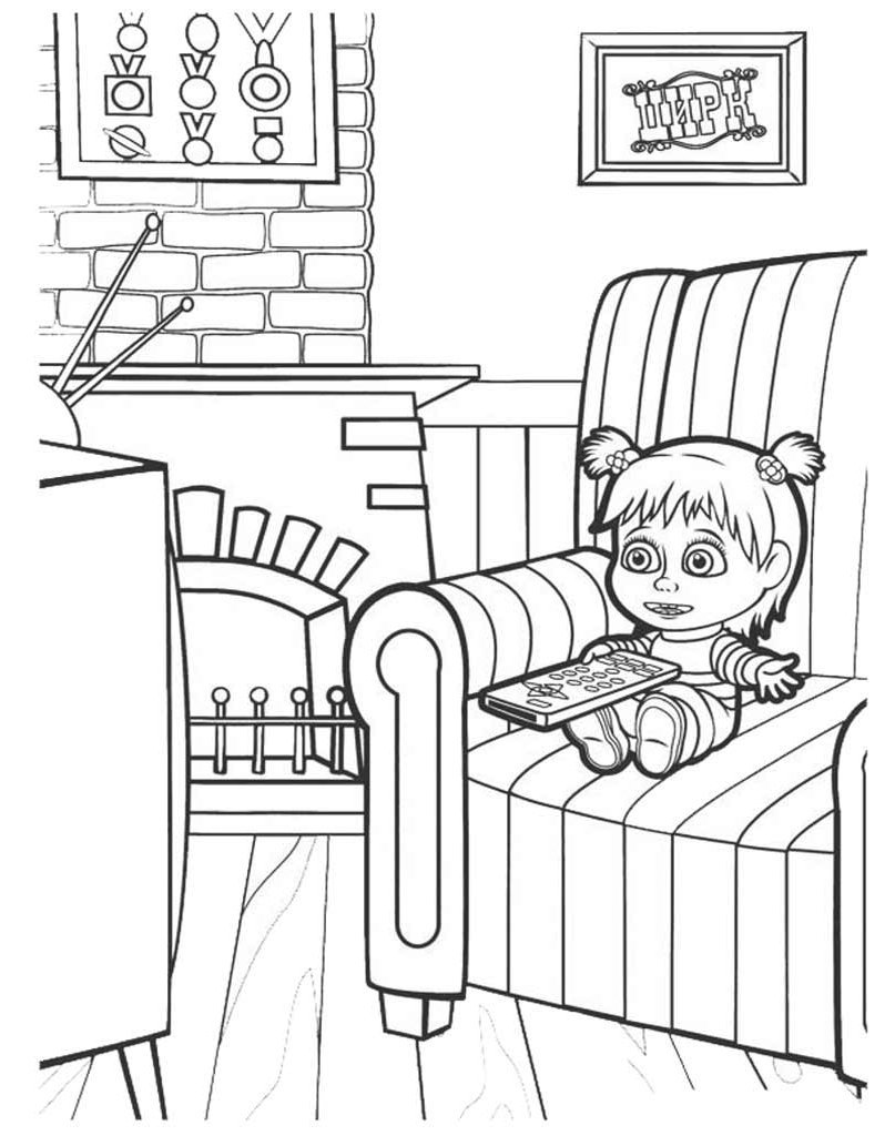 Маша смотрит телевизор раскраска для детей