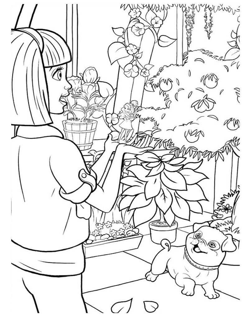 Раскраска для девочек Барби в саду с собакой