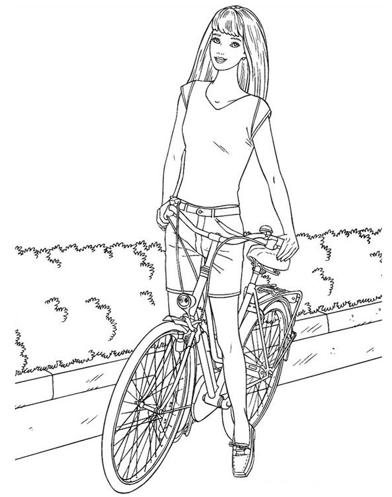 Раскраска Барби на велосипеде для печати