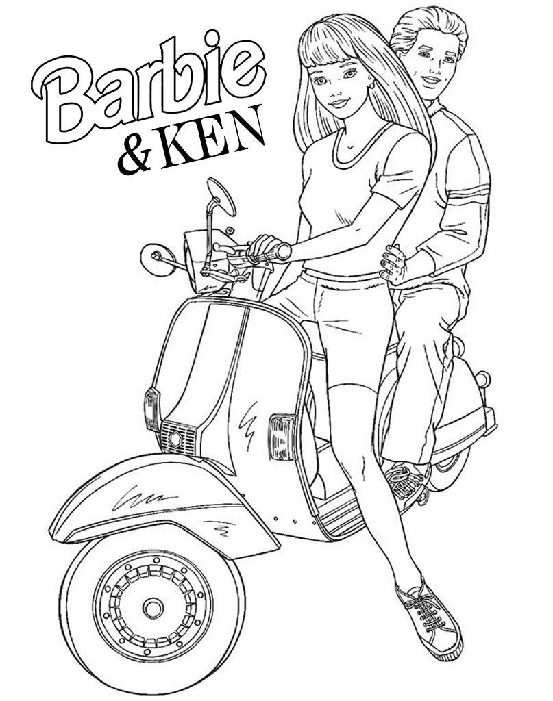 раскраска Барби и Кен на мотоцикле