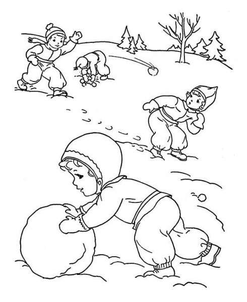 Лепят снеговика, играют в снежки.