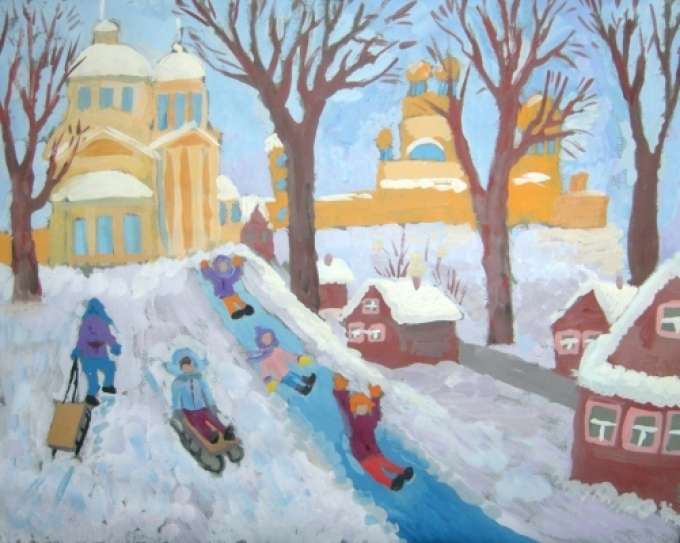 Рисунок зимы с изображением развлекающейся детворы.