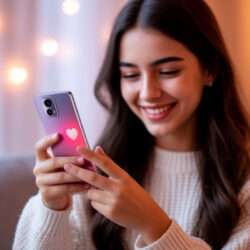 Девушка с redmi note 14 в руках, улыбается, читая сообщения. Романтический фон, мягкий свет, эмодзи сердца на экране.