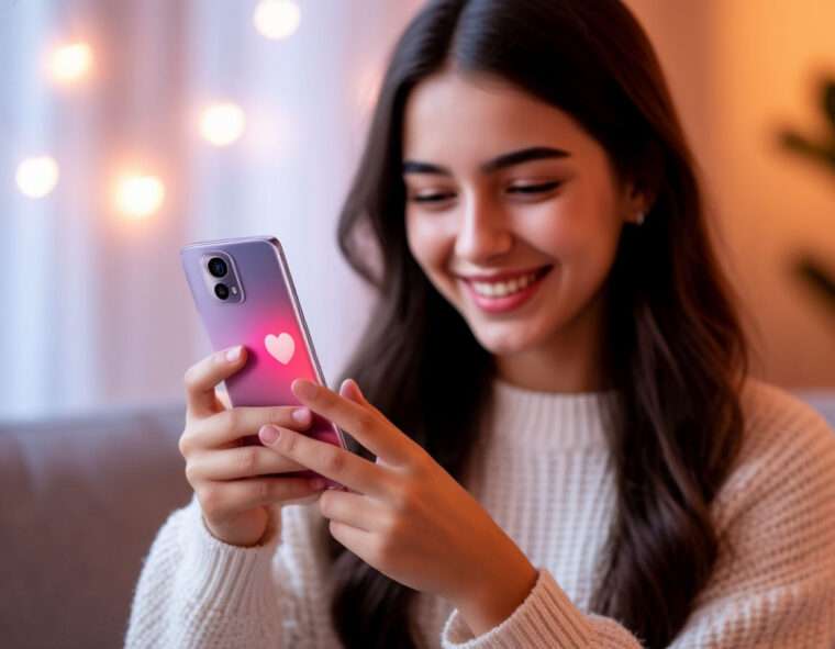 Девушка с redmi note 14 в руках, улыбается, читая сообщения. Романтический фон, мягкий свет, эмодзи сердца на экране.