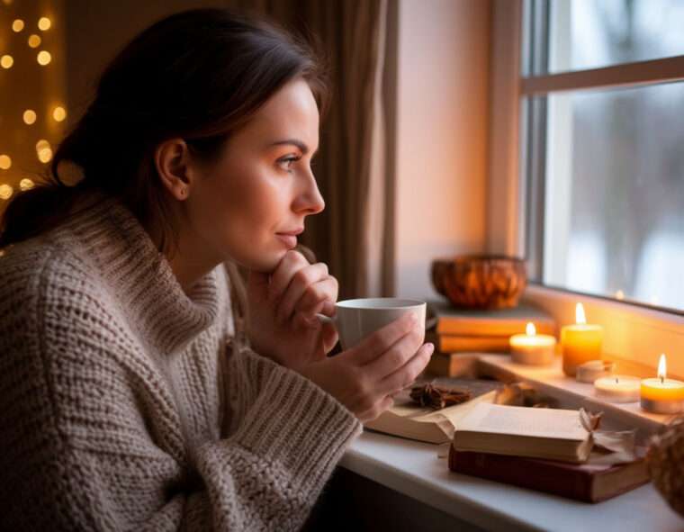 Что ответить на вопрос: «Во что веришь?» – 25+ мудрых и остроумных фраз Женщина задумчиво смотрит в окно, держа чашку чая. На заднем плане – книги, свечи и уютный плед. Мягкий свет, атмосфера спокойствия и размышлений.