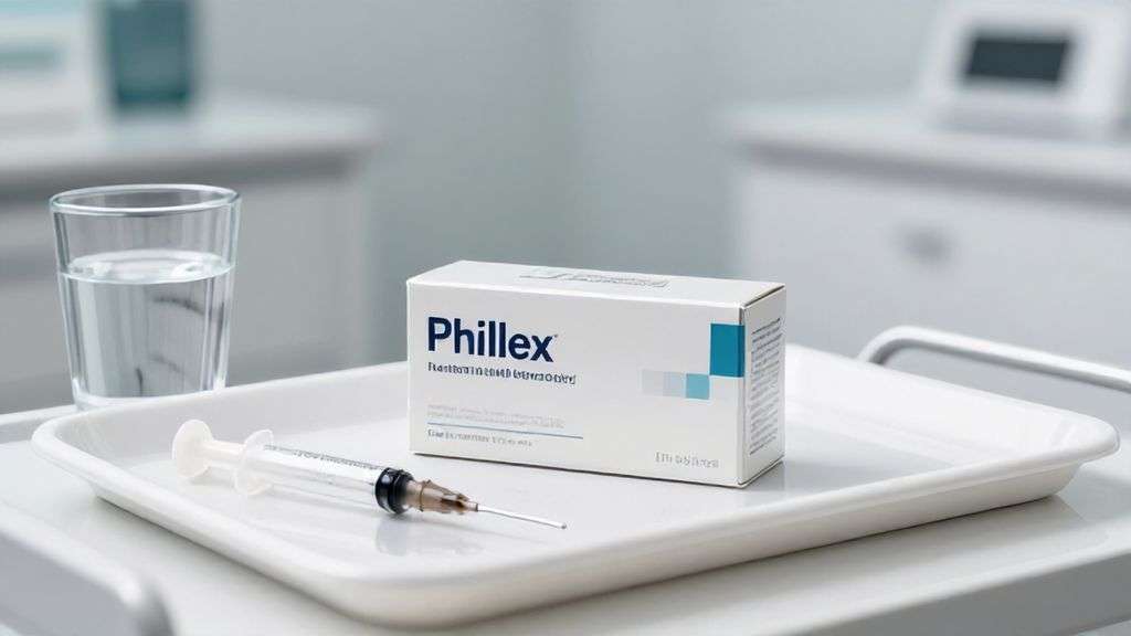 Упаковка препарата Phillex и стерильный шприц в кабинете косметолога.