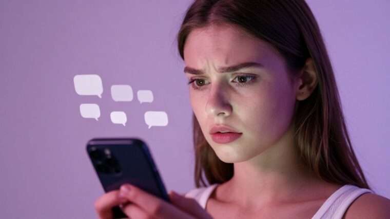 Мужчина комментирует каждый пост Девушка смотрит на экран телефона с множеством уведомлений о комментариях от мужчины в социальной сети.