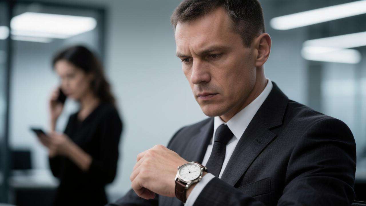 Мужчина смотрит на часы и игнорирует женщину.